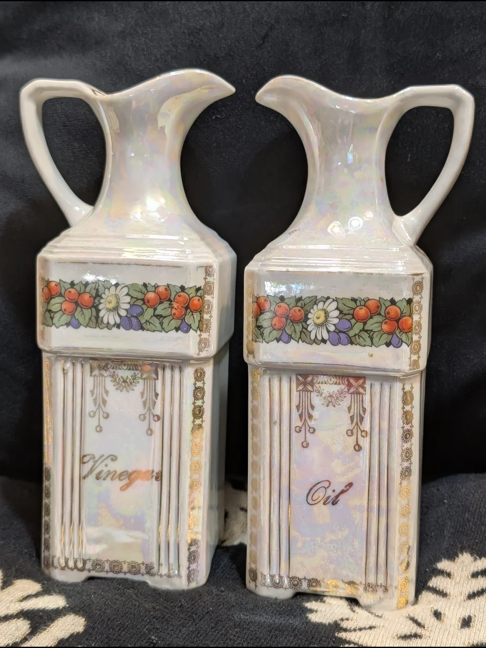 Iridescent White Ceramic Oil and Vinegar Antique German Porcelain Set